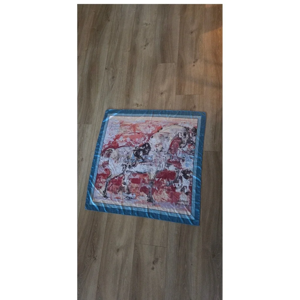Vintage Equestrian Print Silk Square Scarf Teal Burgundy French Inscription